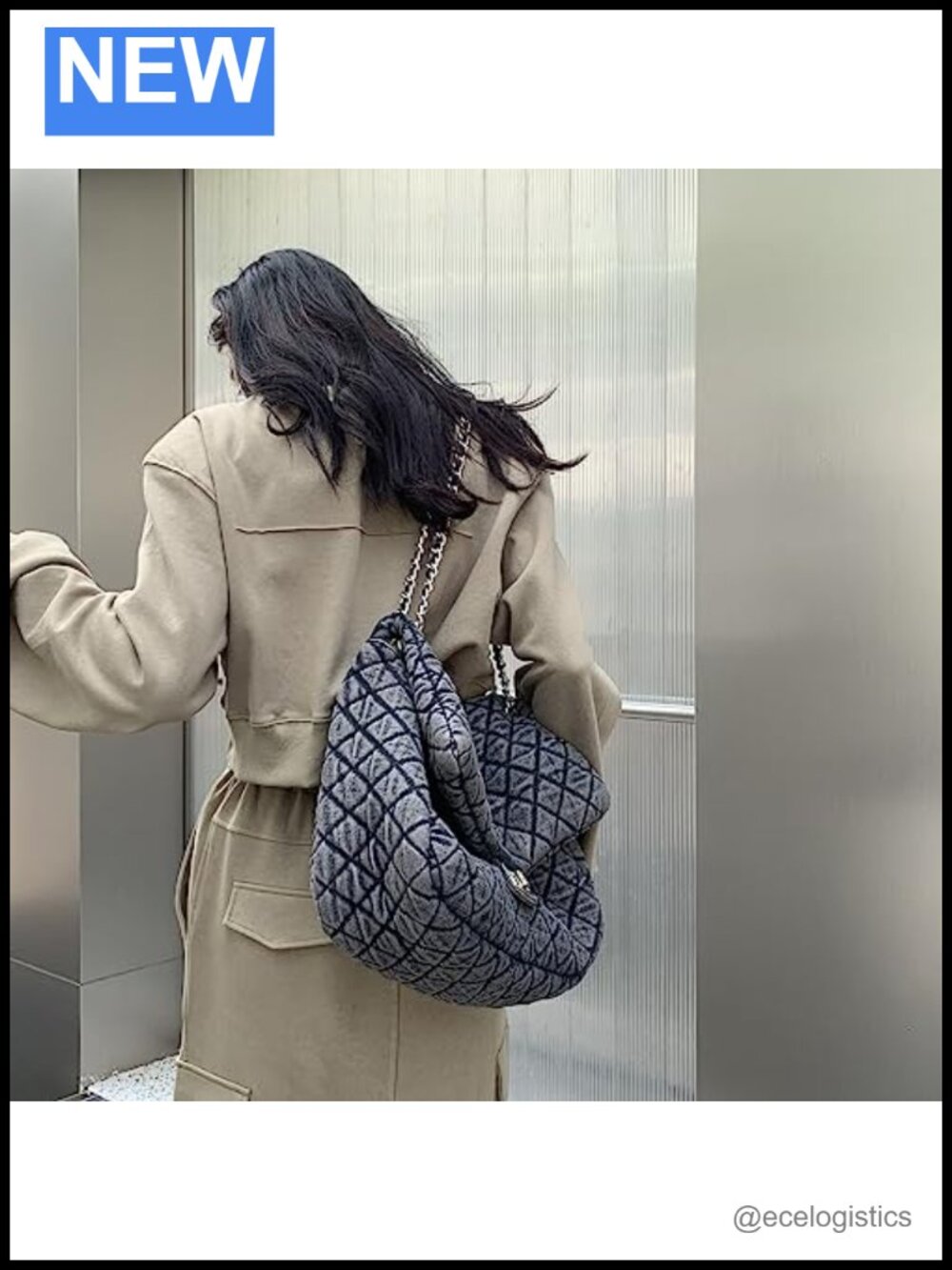 Washed Denim Tote Bag Retro Diamond Quilted Chain Strap Handbag - Picture 3 of 6